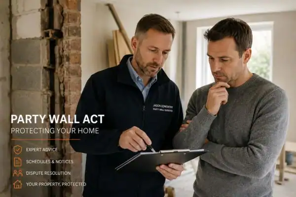 Party wall surveyor Berkshire discussing extension plans with homeowner outside a UK semi-detached house.